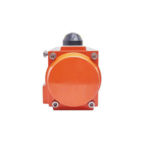 Heavy Duty Air Pneumatic Ball Valve Actuator Featuring Slick 90 Degree Rotation front view with solid orange build for industrial use
