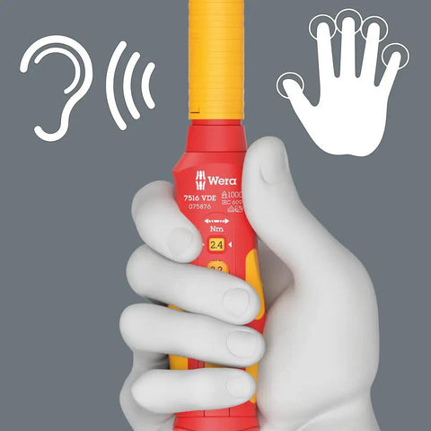 Hand holding 7516 VDE Kraftform Safe Torque Speed Torque Screwdriver with tactile and auditory feedback symbols.