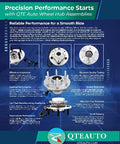 Promotional flyer for QTE auto wheel hub assemblies, showcasing various features of beefy rear wheel hub bearing assembly.