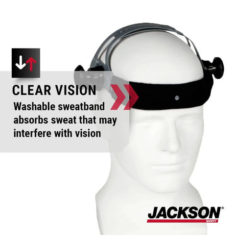 370 Speed Dial Replacement Headgear For Welding Helmets With Oversized Adjuster Knob And Easy Glove On Sliders Hood Locks Up Down Rear Swivel Headband Washable Sweatband Made In USA shown on mannequin head