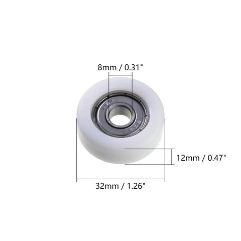 Four Pack Heavy Duty Nylon Roller Idler Bearing Pulleys Running Smooth As Butter With Round Groove Design For Quiet Sliding Cabinet Doors And Furniture Hardware Jobs Built Tough For Everyday Use, 8mm x 32mm x 12mm size