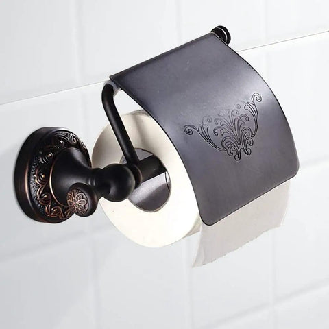 Oil Rubbed Bronze Toilet Paper Holder With Cover, Brass Tissue Roll Holder for Bathroom, floral design, mounted on wall