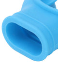Close-up of blue silicone mouthpiece for snorkel and regulator replacement, universal comfort bite, reduces jaw fatigue.