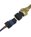 Engine coolant temperature sensor with pigtail connector; side view, brass body, black plastic cap, blue and red wires.