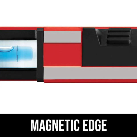 Close-up of 12 Inch Digital Level With Backlit LCD, High Accuracy Blue Vials For Vertical And Horizontal Readings, showing magnetic edge.