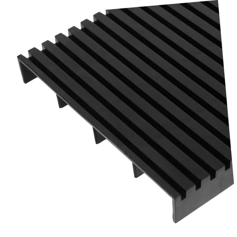 Two Piece Static Bar Rack Kit With Strips And PCB Feet, close-up of black anti-static slotted design for circuit boards