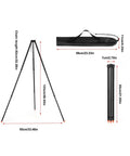 Campfire Tripod Grill Stand With Adjustable Height Ultra Portable Aluminum Cooking Gear dimensions and storage bag shown