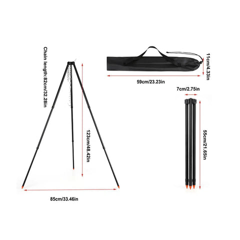 Campfire Tripod Grill Stand With Adjustable Height Ultra Portable Aluminum Cooking Gear dimensions and storage bag shown