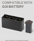 G30 Drone 3 In 1 Charging Dock for Drones, slim design, shown compatible with G30 battery, black and brown finish