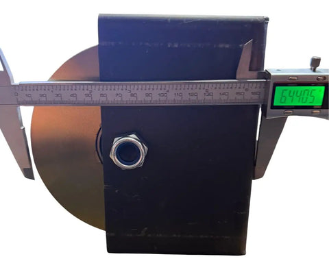 6 Inch V Groove Power Wheel With Zinc Plated Finish And Box Mount measured with calipers, showing size and detail for industrial use.