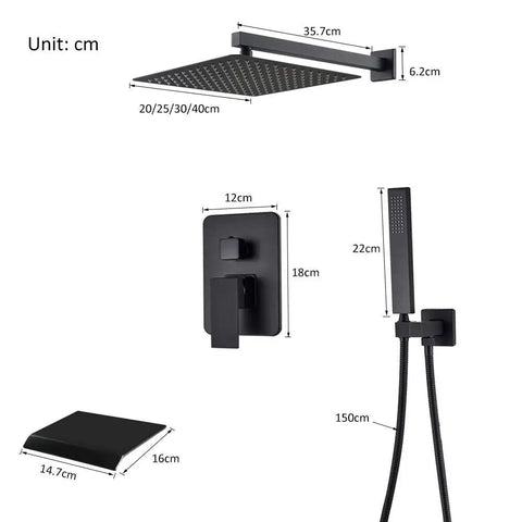UMJIGF Concealed Shower System Wall Mounted Shower Faucet Set Multifunction Matte Black with 35.7cm square shower head and handheld shower.