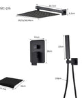 UMJIGF Concealed Shower System Wall Mounted Shower Faucet Set Multifunction Matte Black parts including square shower head, handheld shower, waterfall spout.