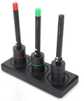 Pro Grade Watch Oiler Pens With Base Automatic Precision Lubrication Tool for Watchmakers, set of 3 color-coded pens on stand.