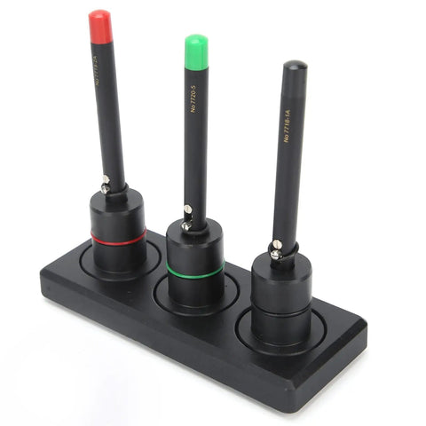 Pro Grade Watch Oiler Pens With Base Automatic Precision Lubrication Tool for Watchmakers, set of 3 color-coded pens on stand.