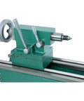 12 Inch By 36 Inch Gear Head Wood Lathe With Cam Lock Spindle And Gap Bed detailed control knobs and tailstock alignment view.