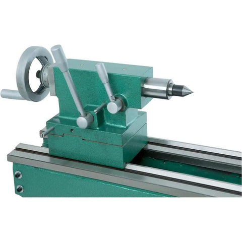 12 Inch By 36 Inch Gear Head Wood Lathe With Cam Lock Spindle And Gap Bed detailed control knobs and tailstock alignment view.