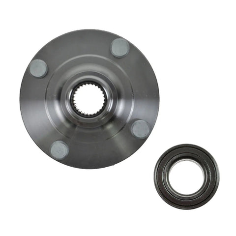 Front Wheel Bearing And Hub Kit For 2002 To 2006 Nissan Sentra Direct Fit Replacement Includes One Front Wheel Bearing And One Front Wheel Hub Plus DIY Video Guide For Easy No Fuss Plug And Play Installation, top view showing circular metal components.