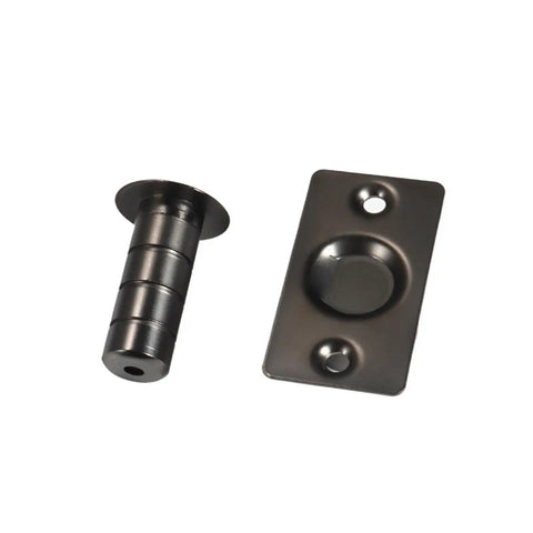 Super Cool Magnetic Hidden Door Stop Catch Made From Premium Brass Holds Doors Firmly So They Dont Slam Open Or Swing Wild And Keeps Your Walls Looking Fresh With Its Totally Invisible Discreet Install Design That Looks Amazing In Any Home, showing black magnetic components.