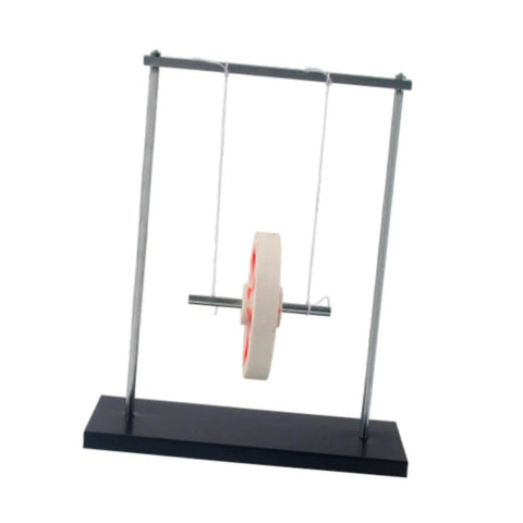 Metal Pendulum Swinging Physics Kit With Maxwell Wheel For Education, freestanding with white wheel and metal frame.