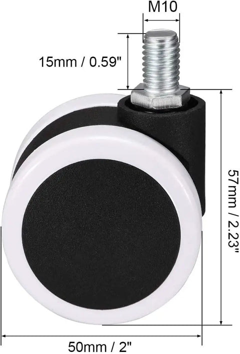 Rock Solid Heavy Duty Swivel Caster Wheels Two Inch PU Twin Roller M10X15MM Threaded Stem with measurements for furniture use.