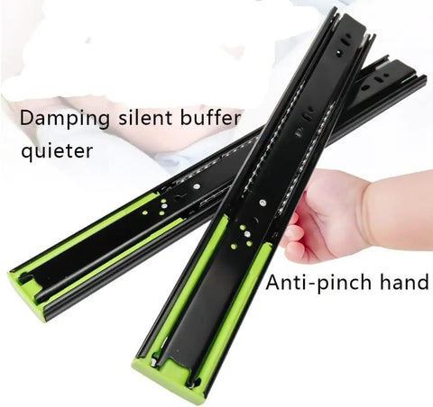 Soft Close Drawer Slides With No Fuss 3 Fold Full Extension Telescopic Rails And Damping Buffer, Side Mount Ball Bearing Tracks, Smooth Quiet Glide, Steel Drawer Runners, 400mm, Set Of 2 shown with damping silent buffer and anti-pinch design.