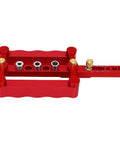 Adjustable Self Centering Doweling Jig Kit For Dead On Furniture Assembly And Heavy Duty DIY Woodworking Projects With Pro Shop Grade Clamp Drill Guide in red metal.