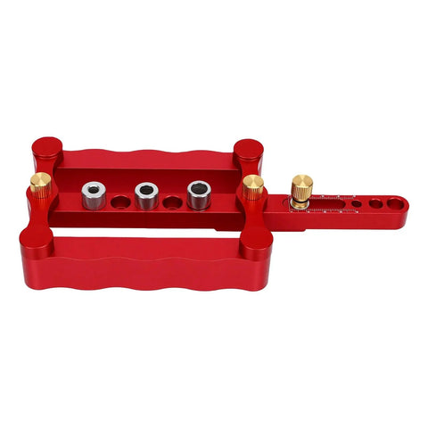 Adjustable Self Centering Doweling Jig Kit For Dead On Furniture Assembly And Heavy Duty DIY Woodworking Projects With Pro Shop Grade Clamp Drill Guide in red metal.