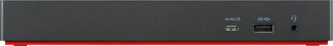 Thunderbolt Four Docking Station With Eight Universal Ports And Quick Two Thirty Watt Power Delivery For Seamless Laptop Run supporting Dual Monitor Views in sleek black showing ports.