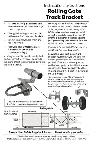 Installation instructions for Rolling Gate Track Bracket For One Five Eighths Inch Fence Posts And One Five Eighths Inch Track Rail