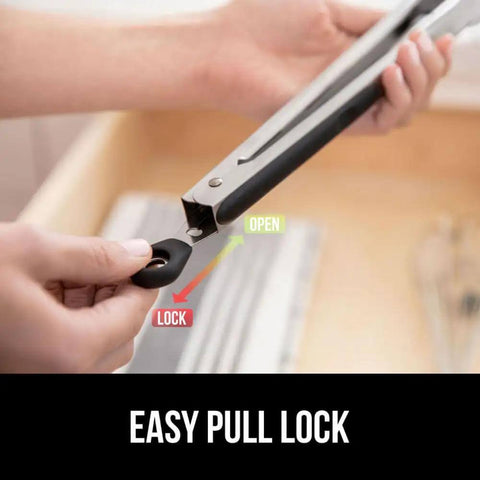 Heavy Duty Stainless Steel Kitchen Tongs Set Of 2 With Heat Resistant Silicone Tips showing lockable mechanism