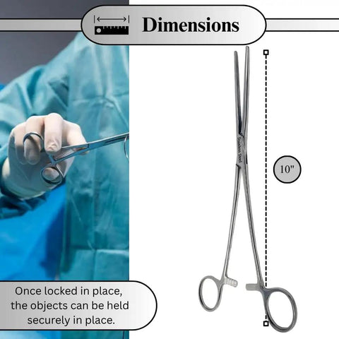 Stainless Steel Hemostat Forceps With Fully Serrated Straight Jaws, Multipurpose Locking Clamps, 10 Inch, Beefy Grip, Heavy Duty, Rust Resistant, Pro Grade Medical Tweezers For Surgical, Lab, And Clinic Use shown with 10-inch dimensions