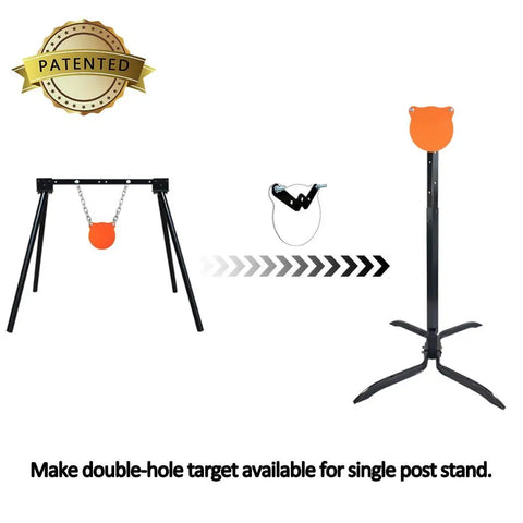 AR500 Steel Gong Target Conversion Adapter Kit for Single Post Stands, showing conversion from double to single post setup.