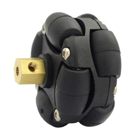 Close-up of a black 1.5-inch (38mm) omni wheel with brass axle hub for robotics