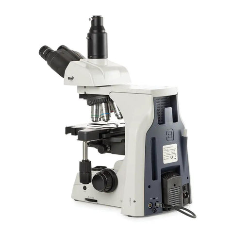 Trinocular Pathology Microscope With SWF 10X Eyepieces And Plan Achromat Objectives 4X 10X 20X S40X S100X Oil Immersion EIS 60mm Parfocal 190X152mm Stage 78X32mm Mechanical Stand Perfect For Lab Work And Teaching, side view
