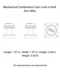 Diagram of Keyless Mechanical Combination Cam Lock in Gold Zinc Alloy showing dimensions and design details.