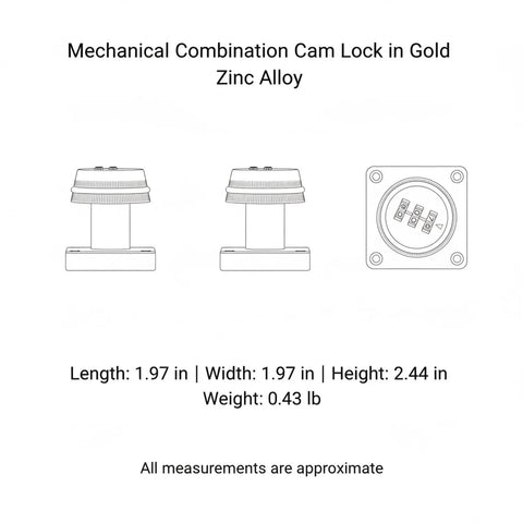 Diagram of Keyless Mechanical Combination Cam Lock in Gold Zinc Alloy showing dimensions and design details.