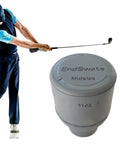 Golfer swinging with club beside 11oz counterweight swing training aid for midsize golf club grips to lock in natural swing mechanics