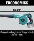 Lightweight 18V LXT Cordless Blower With 219 MPH Air, 3-Speed Variable Power, ergonomic 20.4 inch design shown in detail