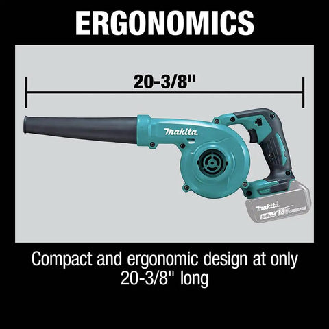 Lightweight 18V LXT Cordless Blower With 219 MPH Air, 3-Speed Variable Power, ergonomic 20.4 inch design shown in detail