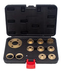 Premium 11 Pc Metric Router Guide Bushing Set Solid Brass Template Bushings With Lock Nuts Adapter And Hard Shell Case displayed in case.