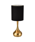 Modern Table Lamp With Brass Droplet Base And Black Linen Drum Shade Perfect For Bedroom Nightstand Living Room Or Office Small Desk Light With Sleek Cylinder Design And Contemporary Metal Finish