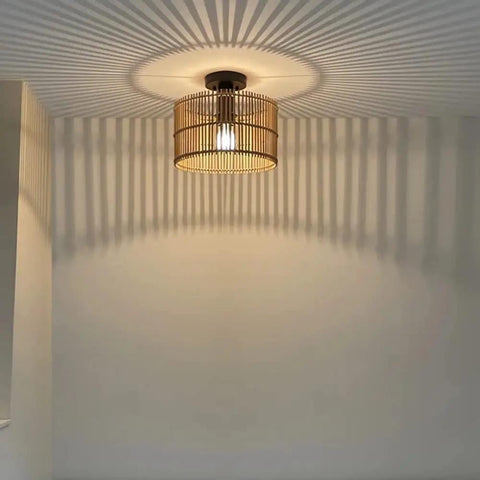 Boho Hand Woven Rattan 1 Light Semi Flush Mount Ceiling Light For Hallways Entryways And Bedrooms, Natural Bamboo Wicker Look, 11.8 Inch