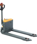 Compact Electric Pallet Jack Truck With Lithium Battery, 48 Inch Forks, 4400 Lb Capacity, side view showing gray forks and yellow battery.