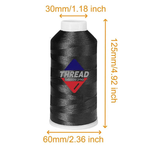 Close-up of 40WT Machine Embroidery Thread Three Big Spools Black Polyester 120D/2, showing dimensions for embroidery machines.