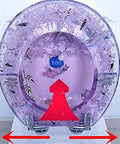 Vibrant Purple Round Resin Toilet Seat With Embedded Sea Shells, Hella Smooth Slow Close Metal Hinge, Tough Four Hundred Pound Capacity, Dope Color Locked Finish For Effortless Bathroom Refresh from the front with decorative motifs.