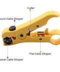 Heavy Duty Coax Cable Crimp Tool Kit With Rotating Head For RG6 RG11 RG59 F Connectors, showing yellow cable stripper tool.