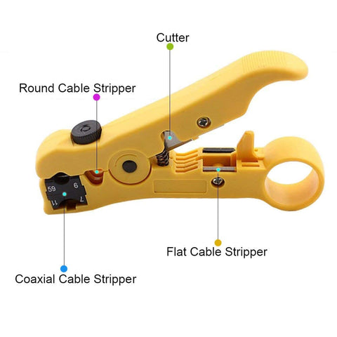 Heavy Duty Coax Cable Crimp Tool Kit With Rotating Head For RG6 RG11 RG59 F Connectors, showing yellow cable stripper tool.