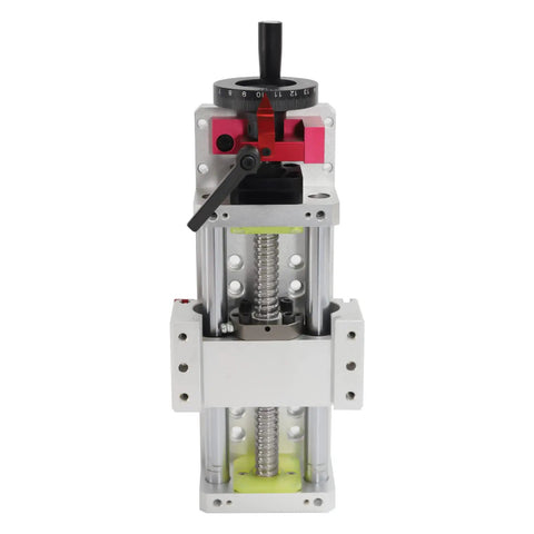 Manual Linear Stage Actuator With 100mm 1605 Ballscrew And Double Optical Axis Rail Guide For CNC Router Control, Built For Precision 0.05mm, Engraved Hand Wheel With Locking, Rock Solid Load Capacity For Heavy-Duty Projects. Front view of aluminum manual linear stage actuator with ballscrew and hand wheel