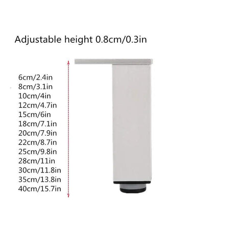 Beefy Adjustable Aluminum Table Legs 4 Inches High, Heavy Duty Metal Furniture Feet side view, showing adjustable height range.