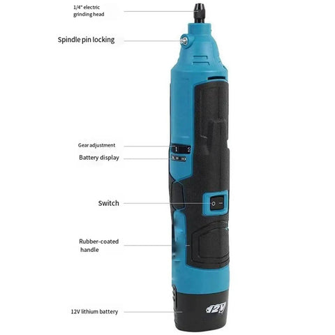 Pro Knockout 12V Cordless Angle Grinder And Compact Mini Rotary Tool Featuring Rock Solid Lithium Battery with gear adjustment.